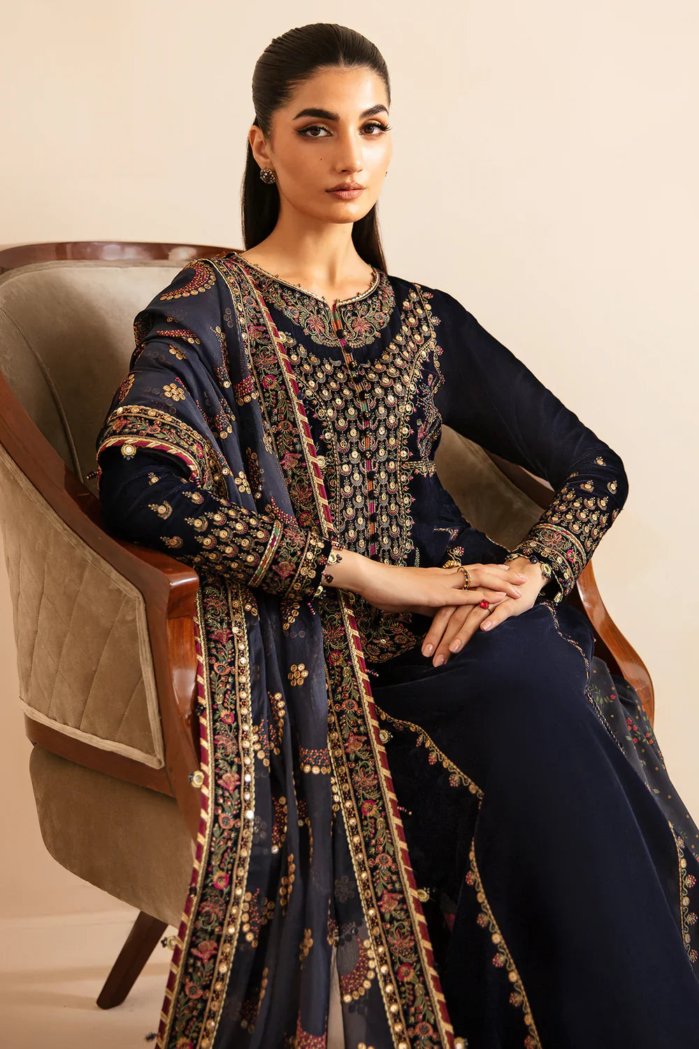 Shop JAZMIN Velvet Formal VF-2031 at Raz Ruya! Huge discounts on luxury Pakistani designer wear. Fast delivery to UK, USA & Canada. End-of-Year & New Year Sale!